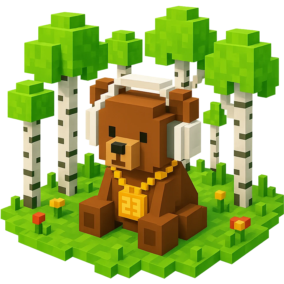 березовый лес, в котором сидит бурый медвежонок в белых наушниках (наушники должны закрывать уши медведя), на медведе цепь с подвеской "23", no background  emoji