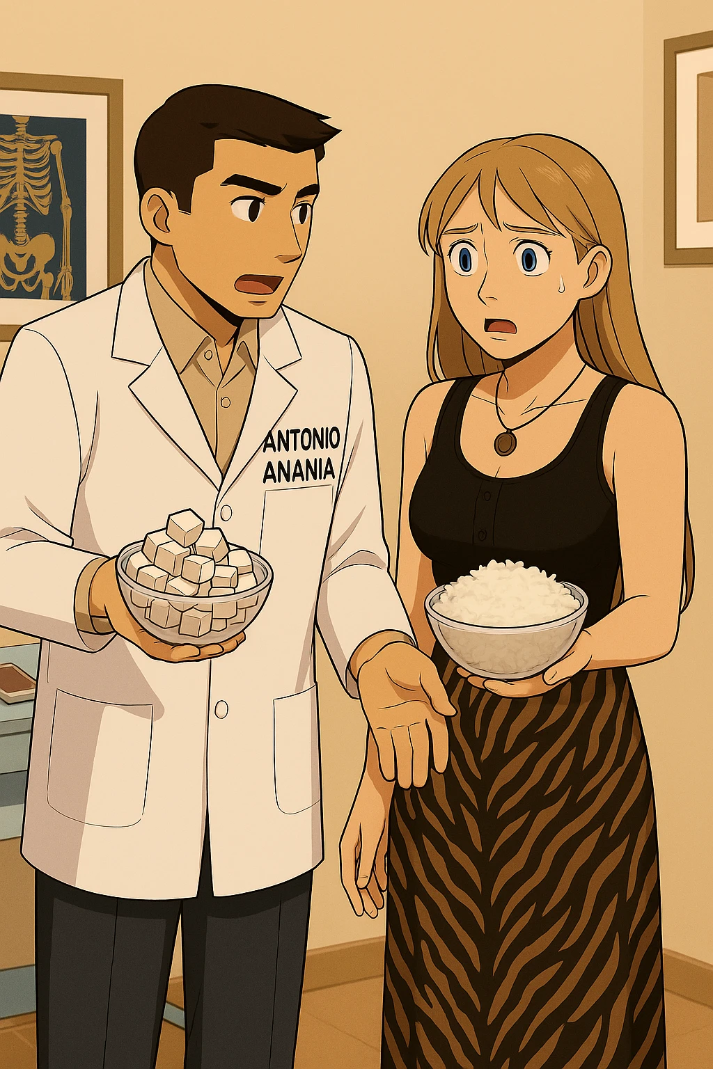 prendi spunto da questA immagiNE e fai un webtoon/manga a colori con questo kinesiologo in camice bianco (fagli la scritta "ANTONIO ANANIA" SUL CAMICE) CHE PARLA CON QUESTA RAGAZZA CON GLI OCCHI AZZURRI. la ragazza FA UNA FACCIA SCONVOLTA E SCIOCCATA, e IL KINESIOLOGO CON IL CAMICE BIANCO le SPIEGA UNA COSA CON UNA BOWL DI ZOLLETTE DI ZUCCHERO NELLA MANO DESTRA E UNA BOWL DI RISO BIANCO NELLA MANO SINISTRA. NON FARE I FUMETTI, FAI SOLO LORO COME SE DIALOGASSERO emoji