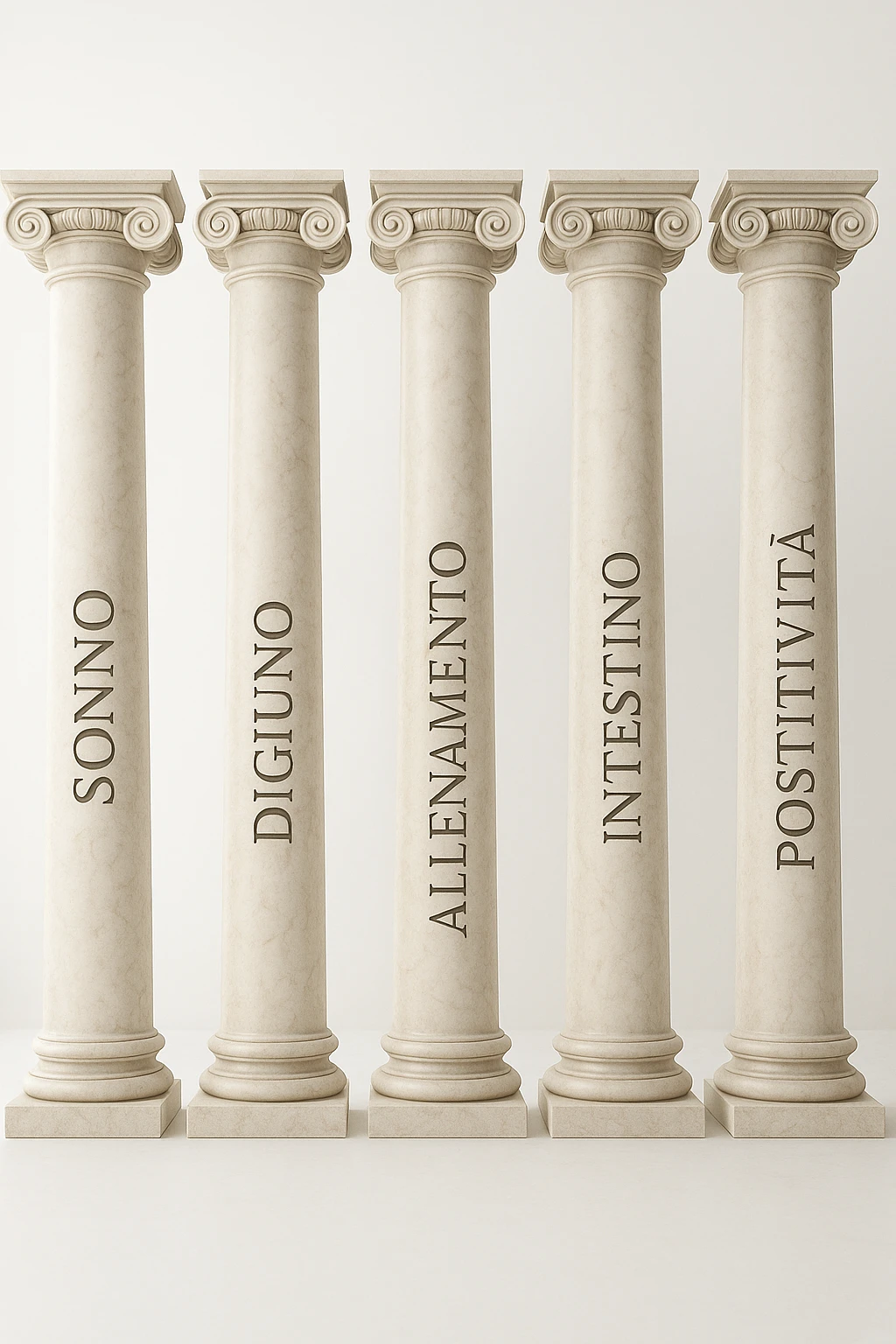 5 pilastri con le scritte "SONNO", "DIGIUNO", "ALLENAMENTO", "INTESTINO", "POSITIVITà" IMMAGINE IPERREALISTICA SFONDO CHIARO IN ITALIANO emoji