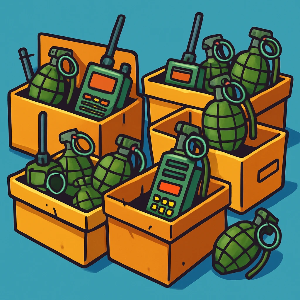 military equipment in boxes, cartoon style, bright colors, boxes equipped with grenades and radios emoji