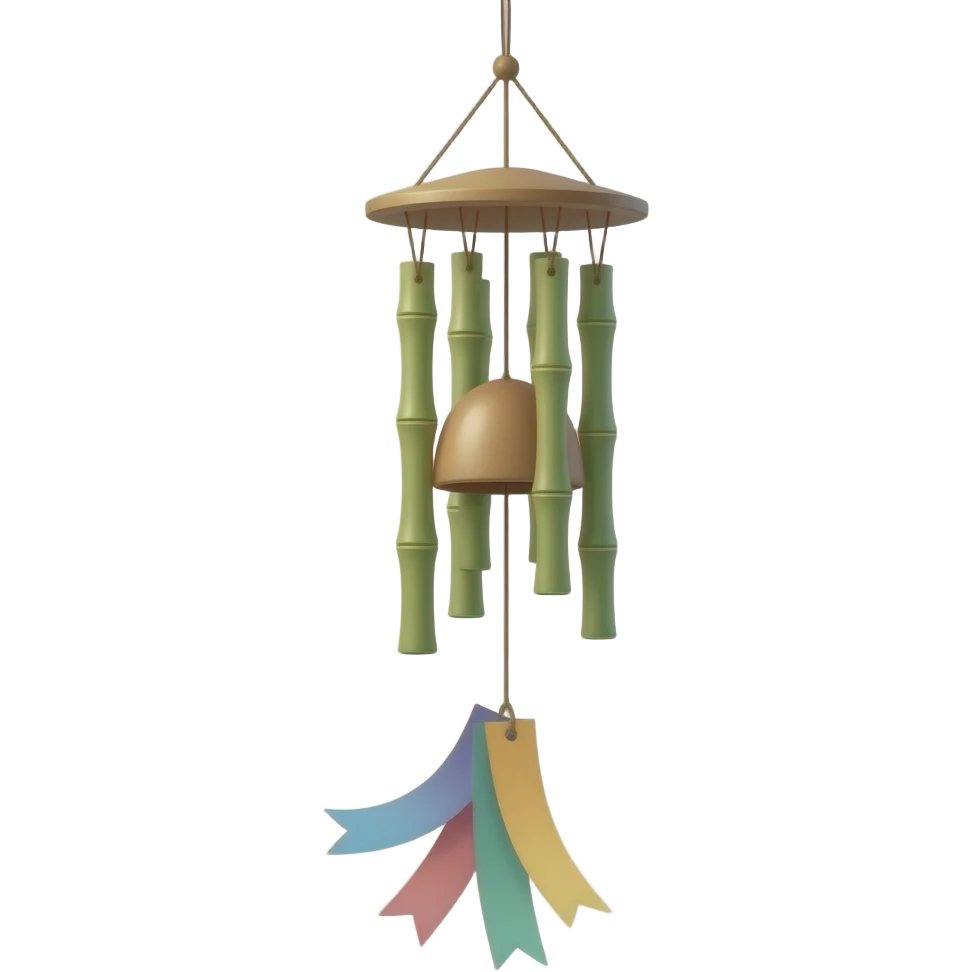 "A delicate Japanese furin wind chime hanging outdoors, with one rectangular paper strip attached below. The paper is a different color each time (random color), gently moving with the wind. Minimalist, soft lighting, calm atmosphere." emoji