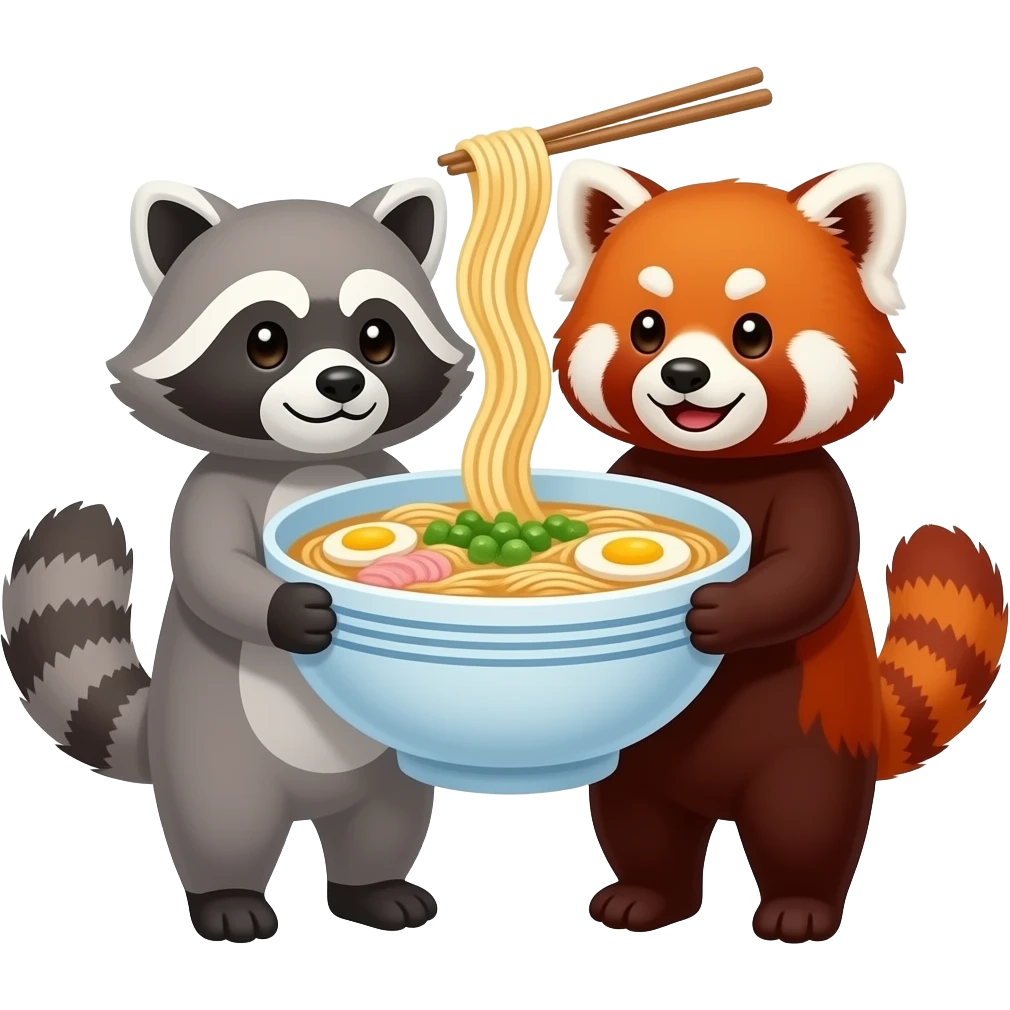 Mapache y panda rojo comiendo juntos un mismo ramen gigante emoji