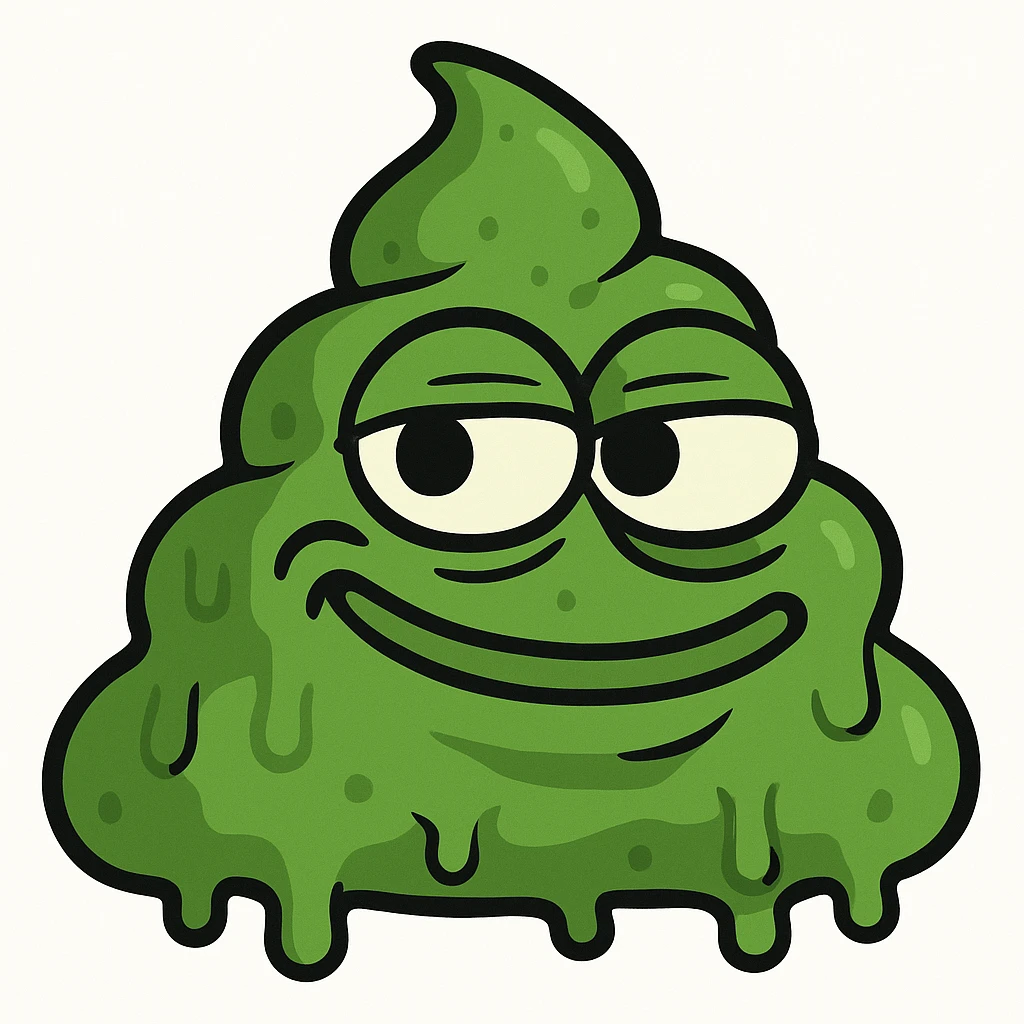 Make this green, goopy AI slop emoji look more like the classic poop emoji shape, but keep the green color and goopy, slimy texture. Add a mischievous, silly face in the style of Pepe the Frog meme. emoji