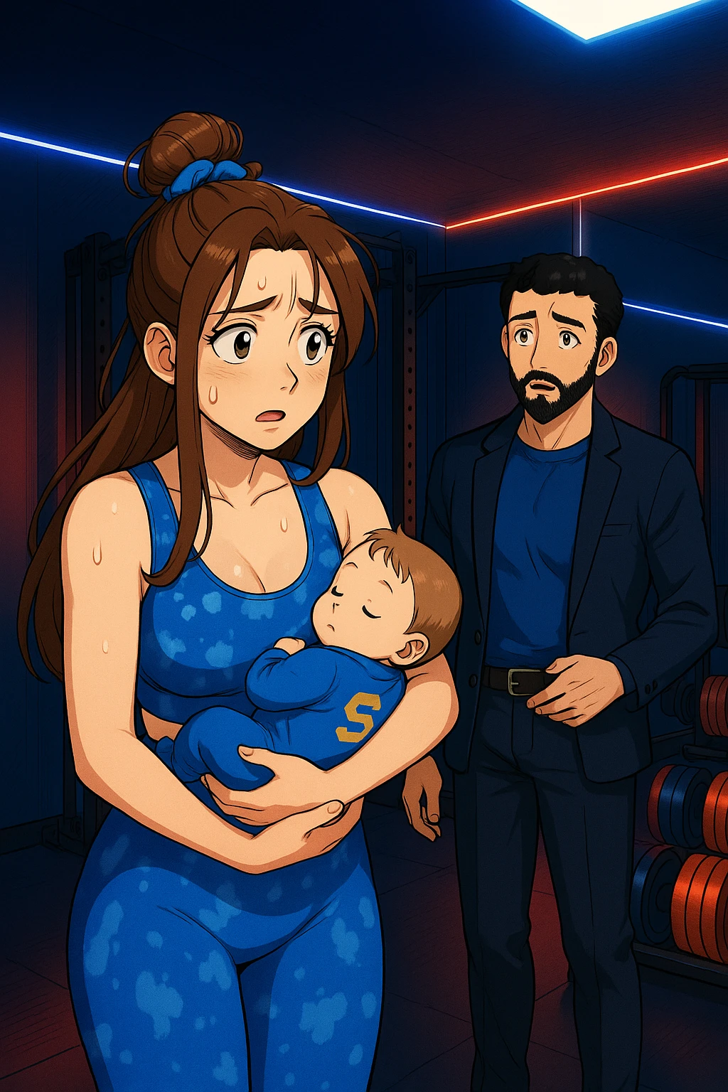 ispirati a questo stile di disegno e fai questa immagine in versione manga/webtoon a colori, il manga mostra la donna preoccupata con un neonato in braccio con una tutina azzurra e la scritta "S" sulla schiena, la donna gli sta facendo una domanda all'uomo, ma non fare i fumetti, fai come se stessero parlando emoji