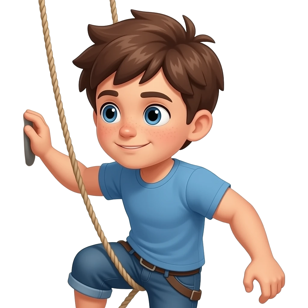 Hazme un chico con pelo rebelde castaño, ojos azules y unas pecas. Tiene que estar caminando. Y que esta un poco musculoso. Tiene que estar escalando de espaldas. Escalando una pared y con camiseta. Sin cuerda y sin mirar. emoji