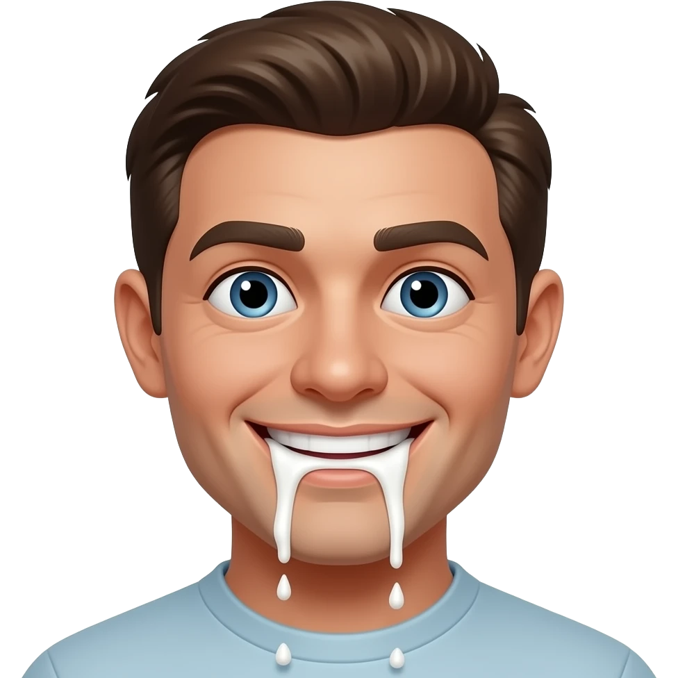Emoji de um rosto sorridente e eufórico babando, com leite escorrendo pelo rosto. emoji