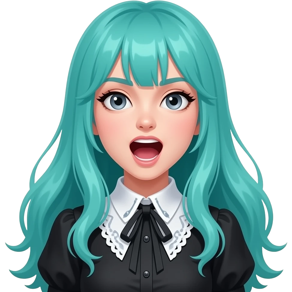 girl, yelling, long flowing teal hair, grey eyes, black shoulder cyberpunk blouse with fancy white collar emoji