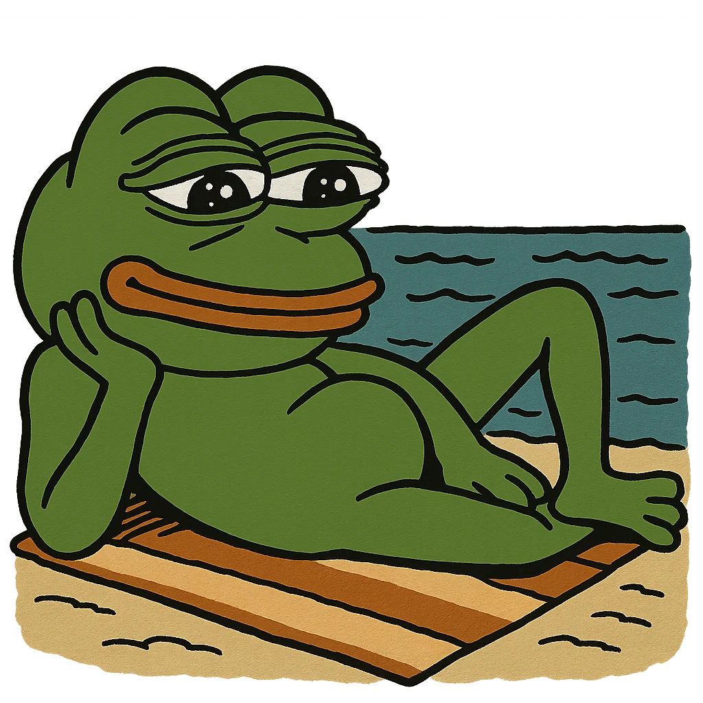 3D Pepe the Frog lying with a towel near the sea, transparent background, PNG emoji