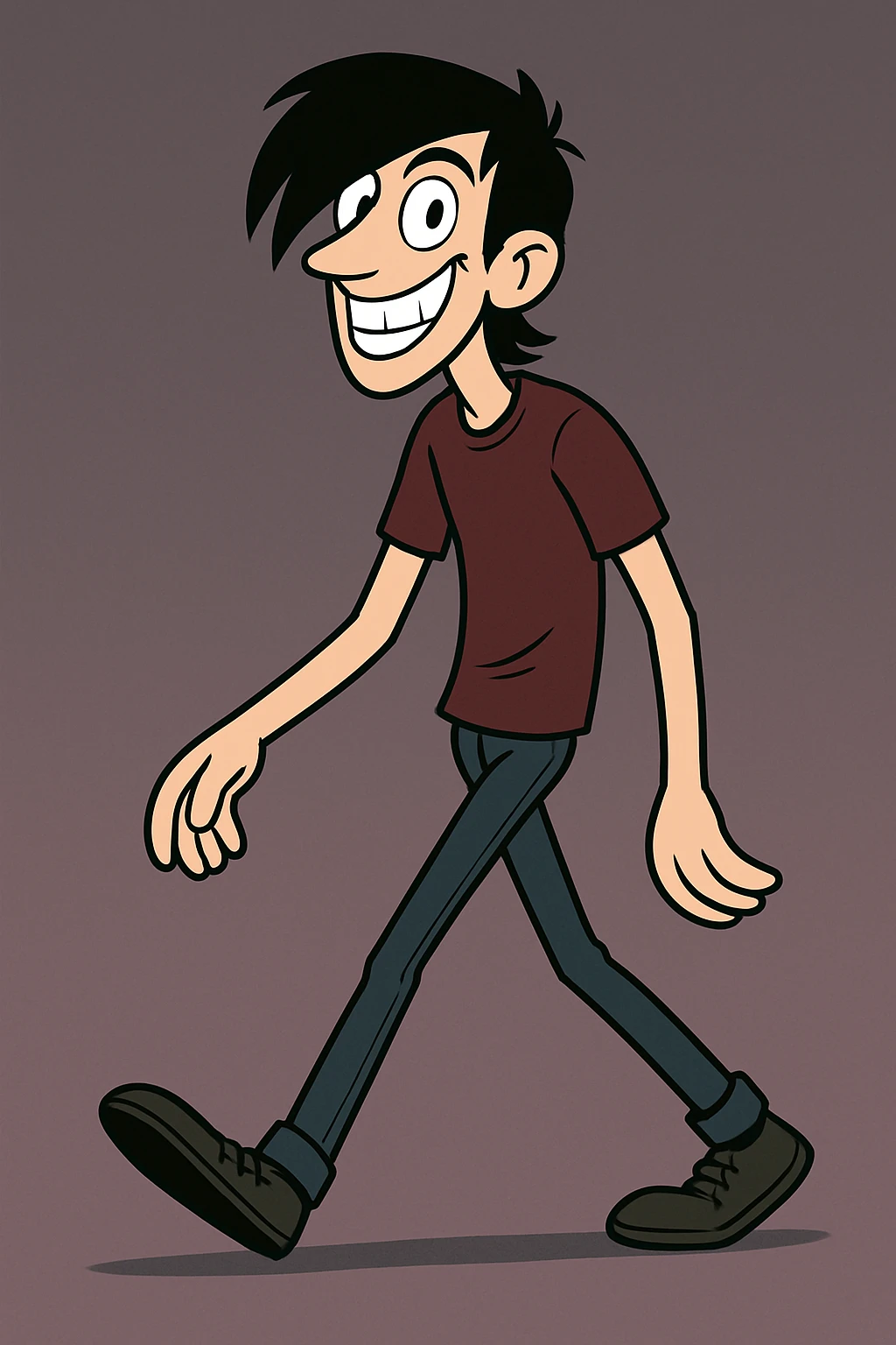 Make the tall, thin man with long black emo bangs look much happier, with a big smile showing lots of teeth, keep the walking pose and style as in the original image. emoji