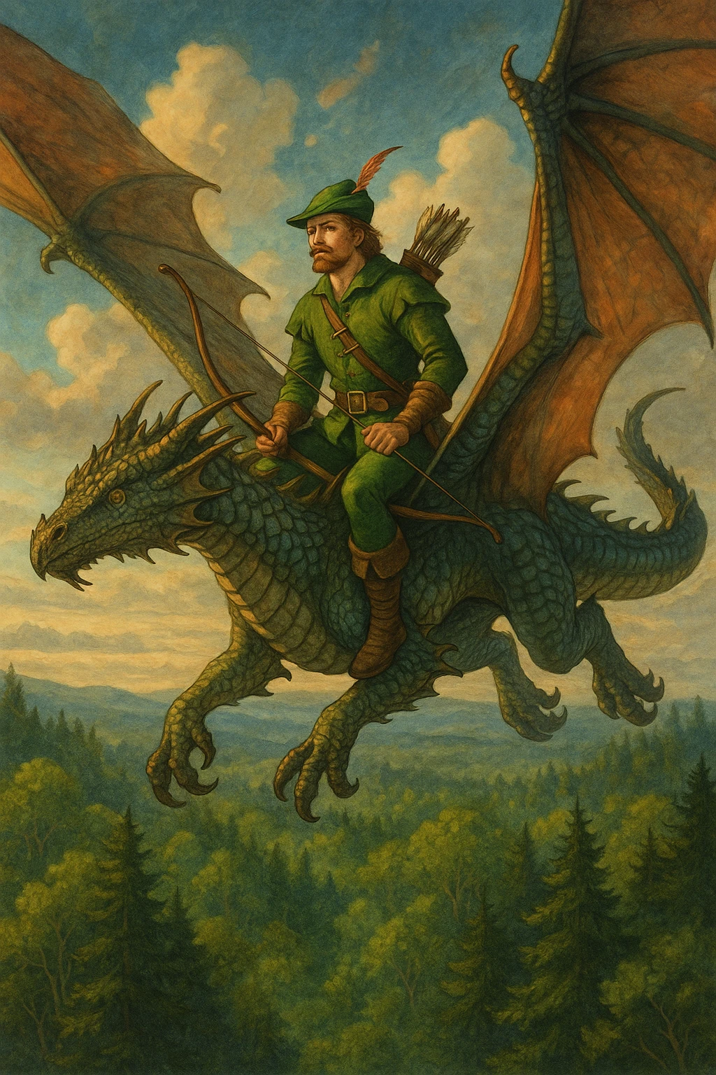 Robin Hood riding a dragon, fantasy illustration emoji