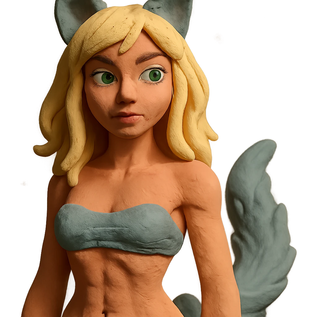 claymation style furry girl with wolf ears and tail, short blonde hair, green eyes, soft skin, attractive abs emoji