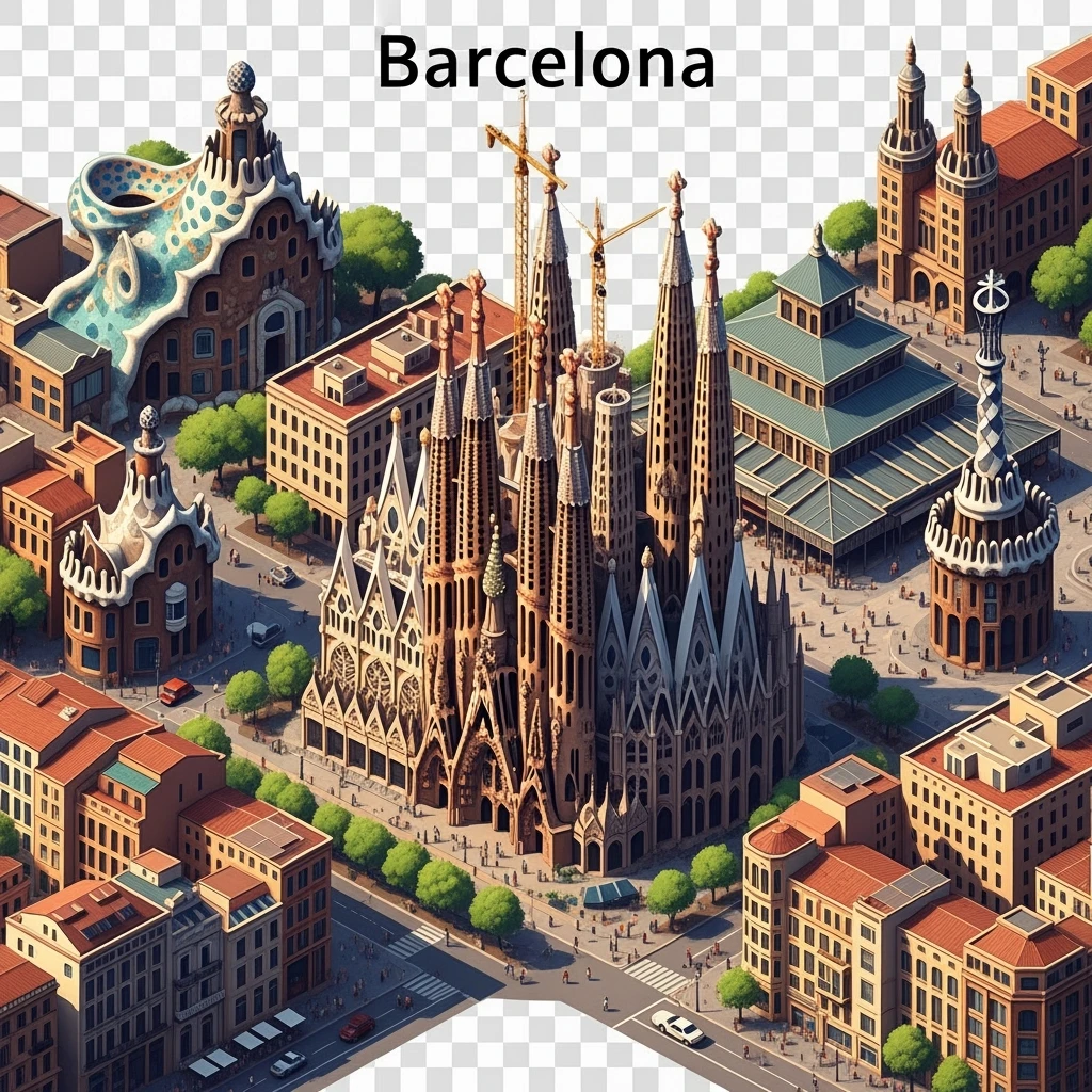 Isometric illustration of Barcelona, featuring Sagrada Familia with intricate spires, highly detailed in semi-realistic style, balanced between stylized and realistic, 3D miniature effect, transparent background. emoji