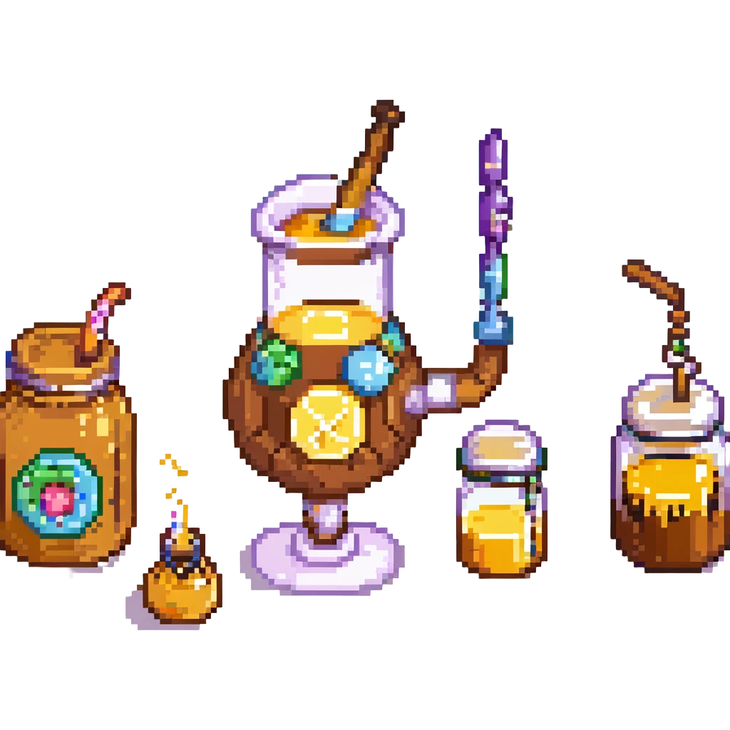 A candy-themed alchemist with caramel pipes, sugar-glass beakers, and honey-dripping mixers. The lab glows with syrupy hues and sticky textures. Interface buttons look like jelly beans, sliders resemble licorice sticks, and transitions melt like chocolate. emoji