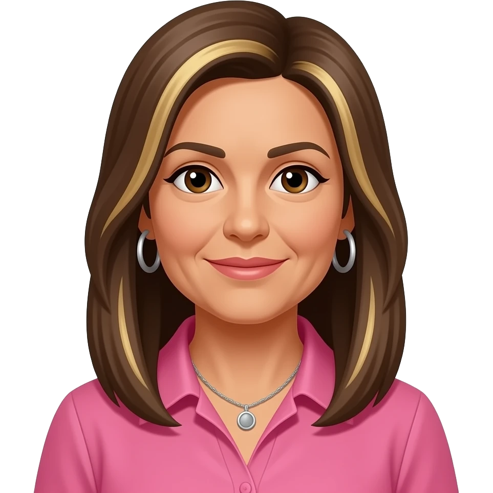 woman in early 50s, italian looking with darker olive skin,with dark brown eyes, long straight brown hair to past the shoulders no layers, with blonde highlights and side parting, all one length. Wearing  a pink shirt with hoop earrings and a necklace. emoji