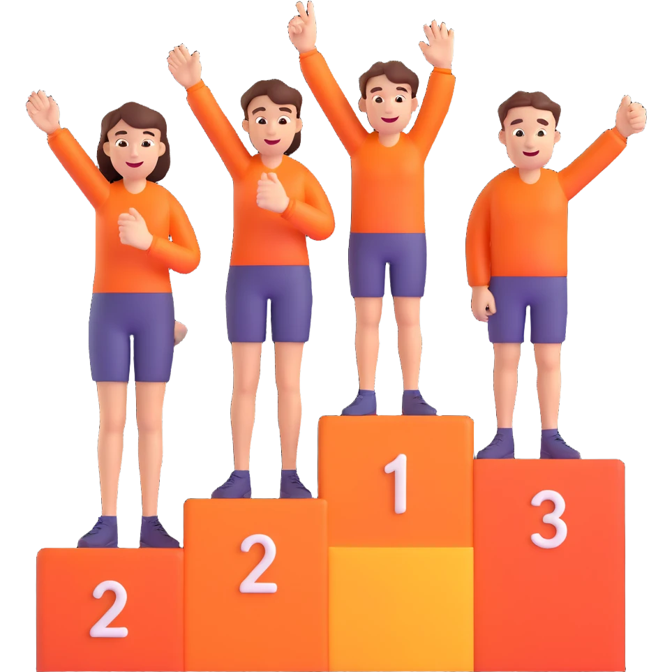 three casually dressed people on a winners podium labeled 2, 1, 3 from left to right, each on their step, center person on 1 holding up one finger on each hand, fun, expressive, cheerful, 3D emoji style emoji