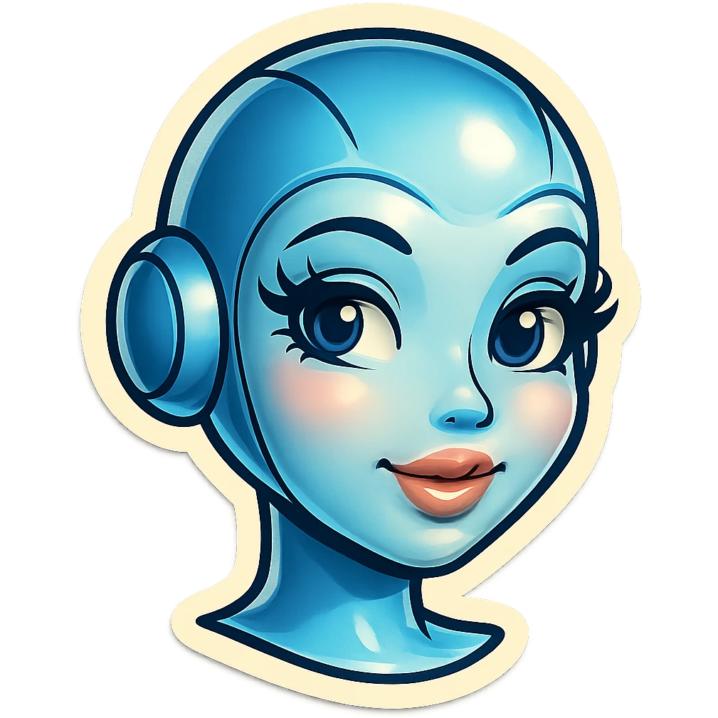 cute and sexy female bot, Telegram sticker style, very pale skin, large eyes with long lashes, slightly open lips, light smile, head only without neck, white background emoji