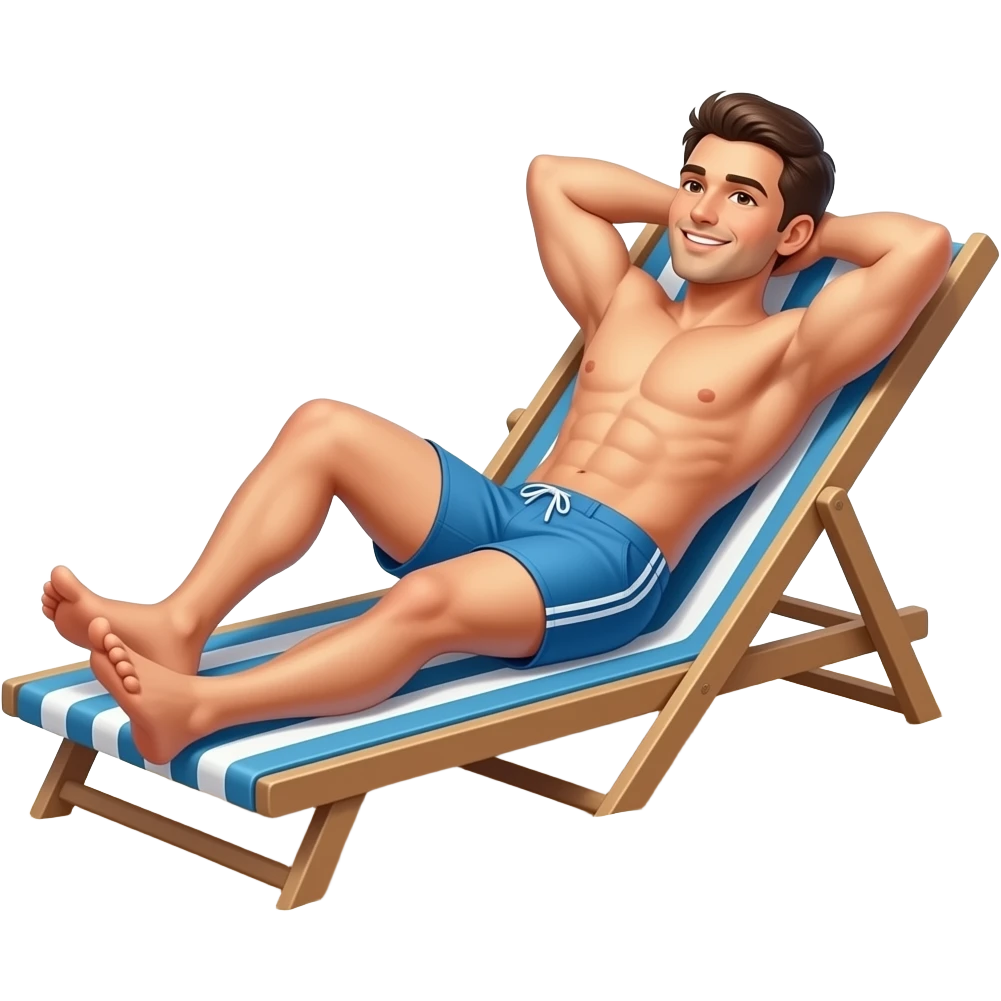 Erstellen ein Emoji von einem Mann der sich in Badehose am Strand auf einer liege in der Sonne entspannt sonnt emoji
