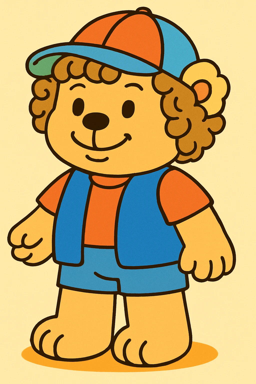 Dustin-bear wearing a blue vest, orange t-shirt, colorful cap, curly hair, friendly smile, in Bobbie Goods style. emoji