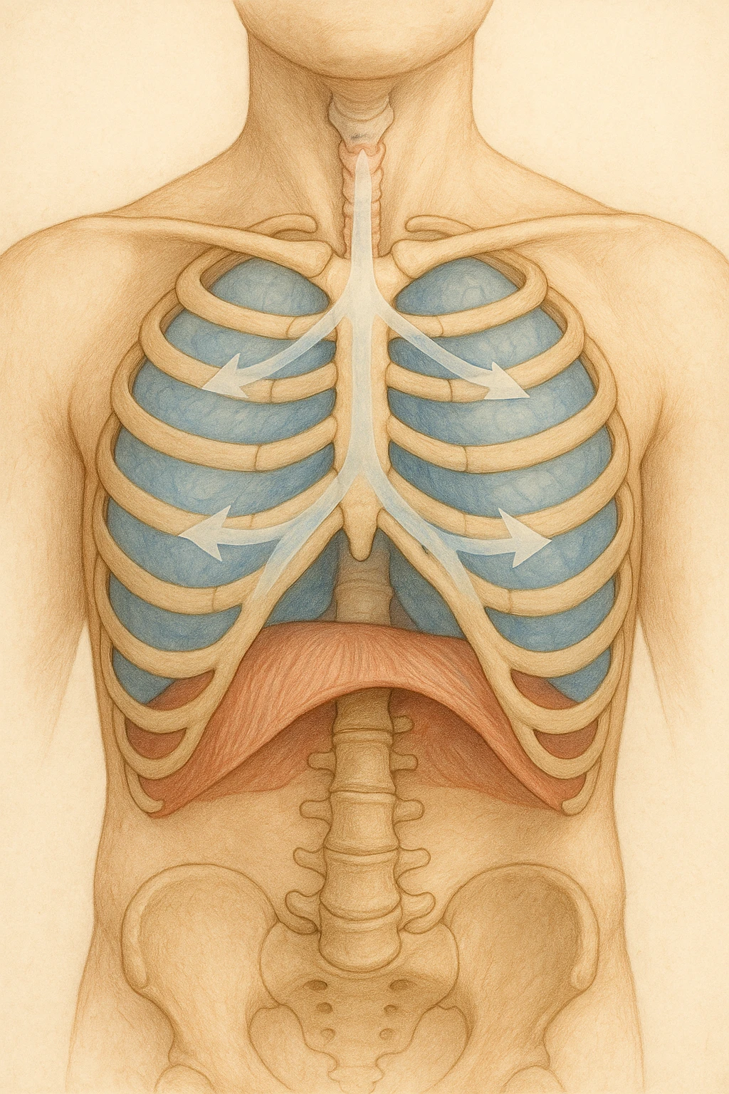 A realistic, high-quality anatomical illustration showing a human torso with visible rib cage and diaphragm. The ribs are shown in a decompressed, expanded state, allowing full lung expansion, while the diaphragm is depicted as relaxed and lowered, indicating deep, efficient breathing. Soft blue and warm tones highlight airflow and lung capacity, with light arrows illustrating the air movement during diaphragmatic breathing. The image conveys a sense of calm, openness, and optimal breathing mechanics, useful for physiotherapy, breathing education, and osteopathic learning contexts realistica emoji