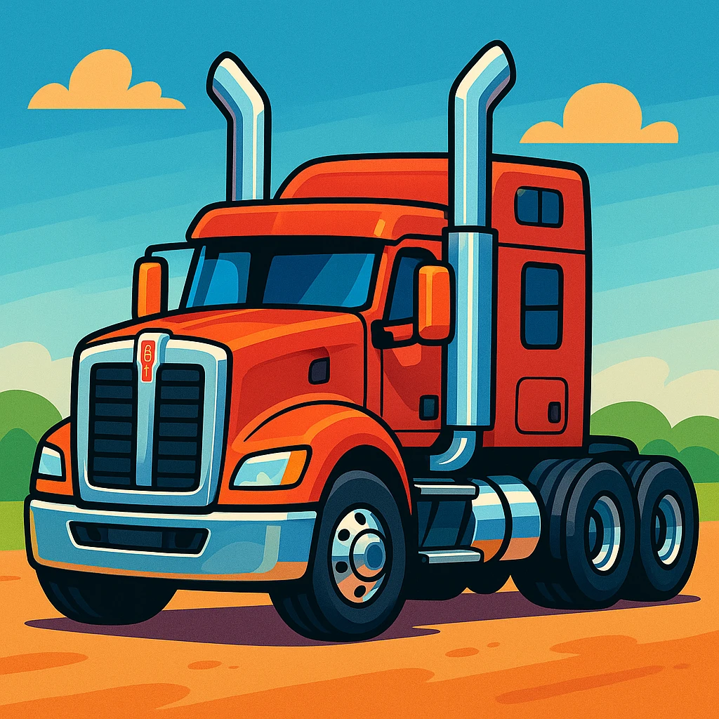 cartoon 2026 Kenworth W680 flattop semi sleeper with shiny chrome stacks, big wheels, fun proportions emoji
