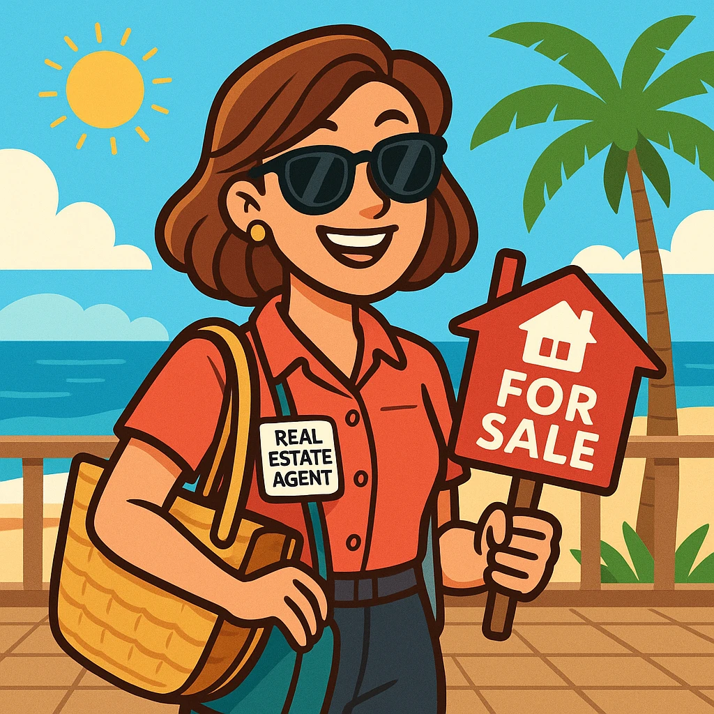 real estate agent with sunglasses, summer accessories like bag and badge, beach or terrace vibe, modern cartoon style emoji