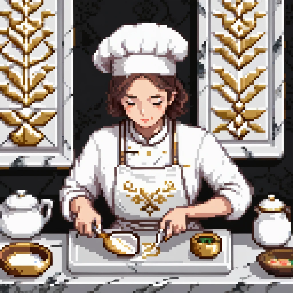 Ein eleganter Bäcker in weißer Uniform, arbeitet auf einer Marmorplatte mit Porzellanformen und goldverzierten Utensilien. Die Umgebung erinnert an eine klassische französische Patisserie. Interface wirkt wie graviertes Porzellan mit filigranen Mustern.
 emoji