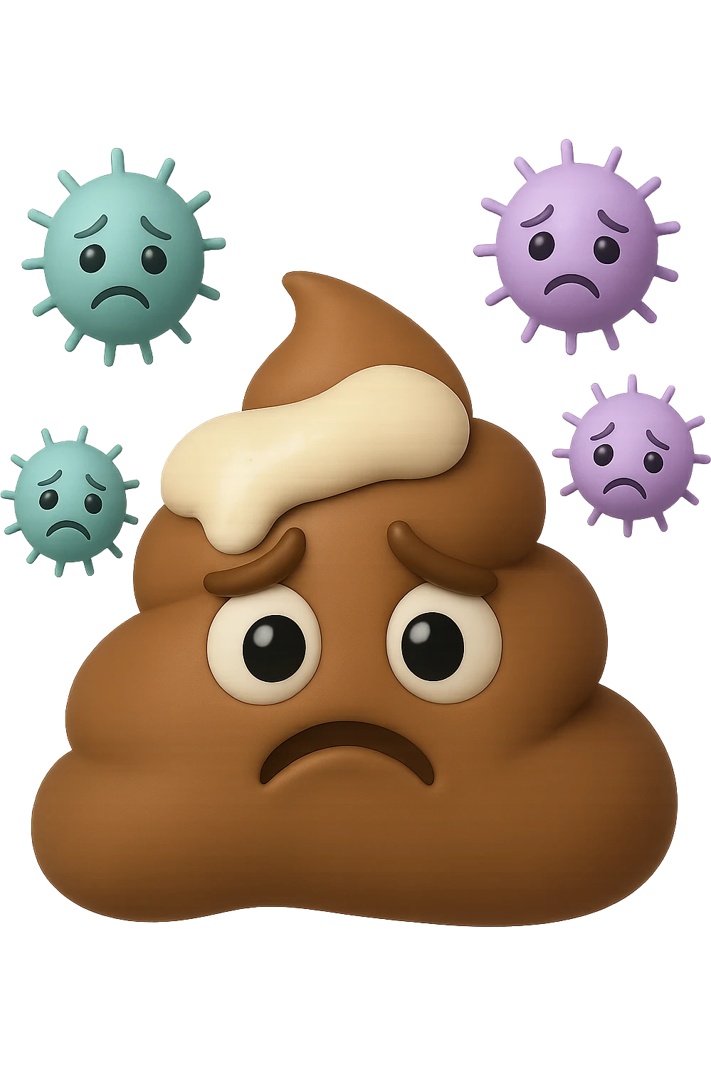 emoji stile iphone 3d di una cacca con muco bianco sopra, dietro cui fluttuano batteri intestinali tristi, iperrealistiche 4k emoji