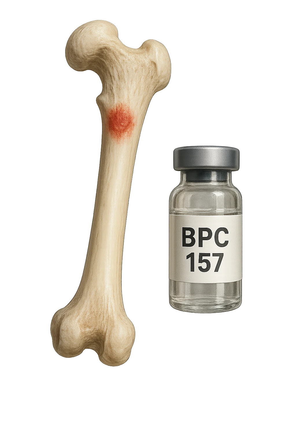 osso umano con red spot fluttua insiema a fiala medica con la scritta "BPC 157" SULL'ETICHETTA, iperrealistiche 4k emoji