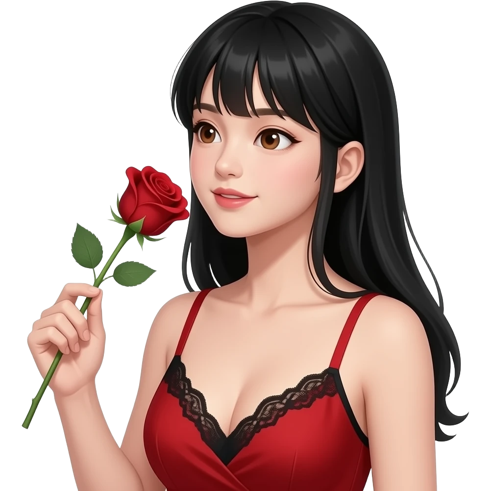 Asian girl with black long hair, pretty brown siren eyes, a red dress, thin strap, with the top of a black bra showing laced, make her look attractive  have her head tilted to the side holding a blood red color rose make her look 15 years old and examining the rose emoji