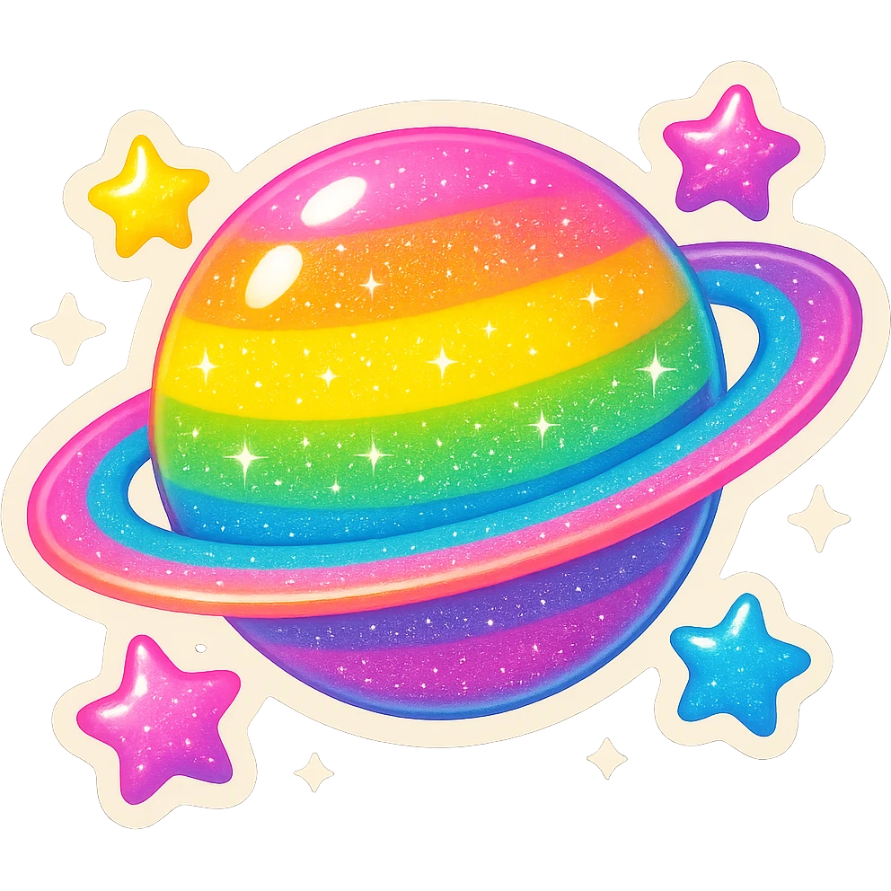 Lisa Frank inspired planet with pastel rings, glitter, and stars, emoji style emoji