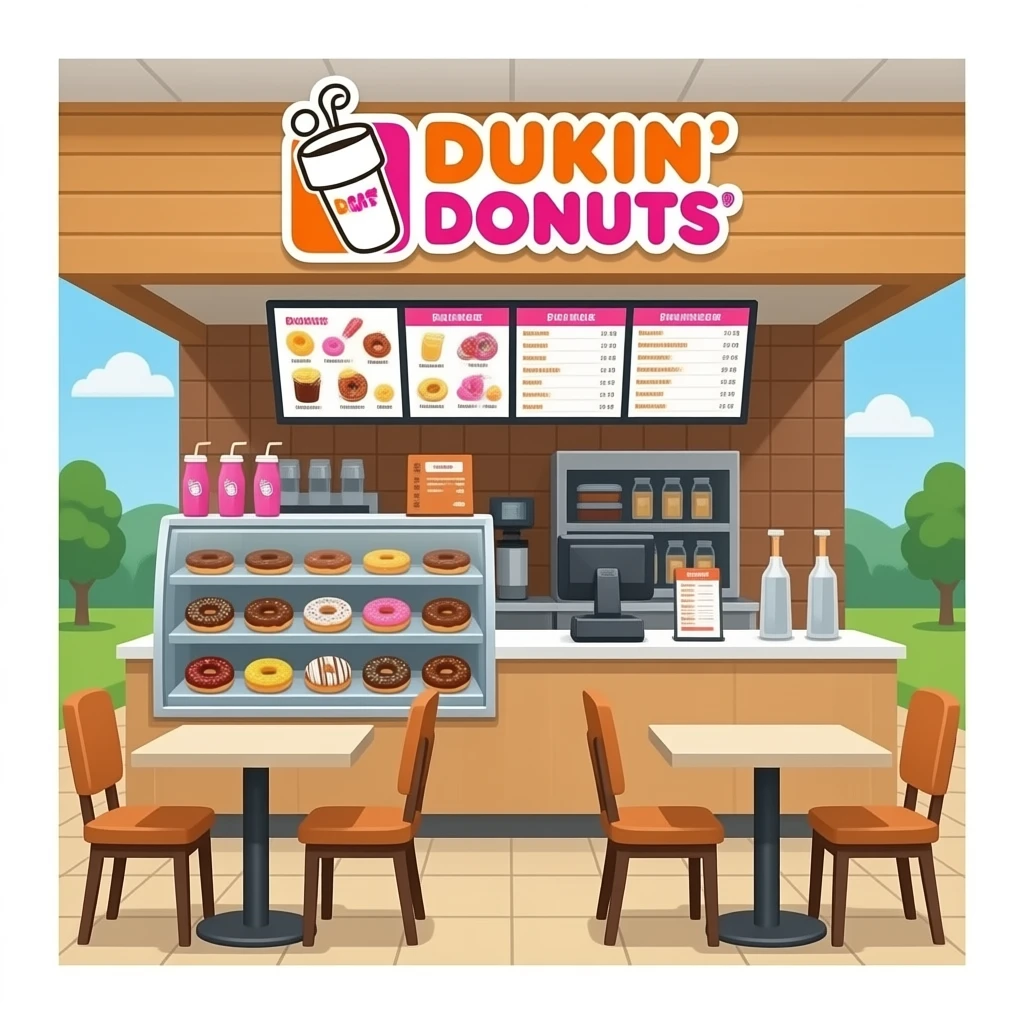 dunkin donuts interior with many donuts on the shelves and a menu with the featured drinks and tables and chairs emoji