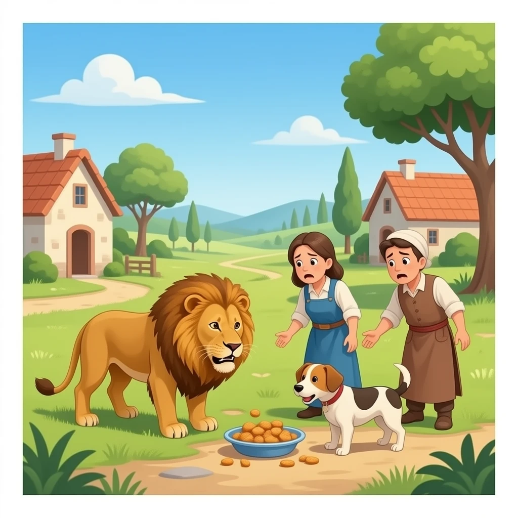 quiero que en un pueblo los habitantes que tengan mido a los leones y a los perros pero q ue les de comida  preo que tengan muchissimo miedo los habitantes y que sea realista emoji