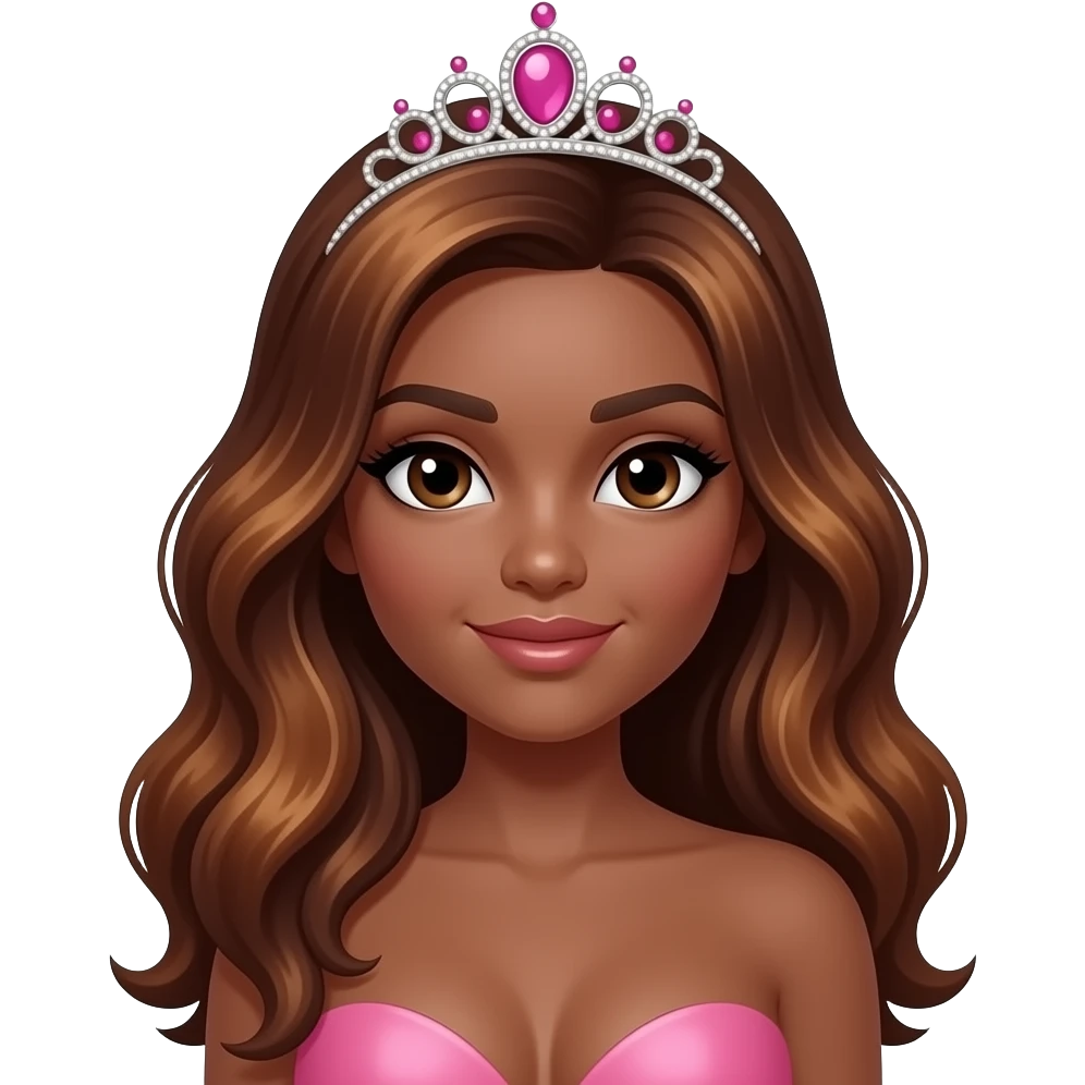 hair with pink tiara, Dark brown eyebrows,Dark brown skin, Doll shaped face, doll eyes, wavy with side part longer straightened auburn  hair with dark brown highlights, big breast no bra emoji