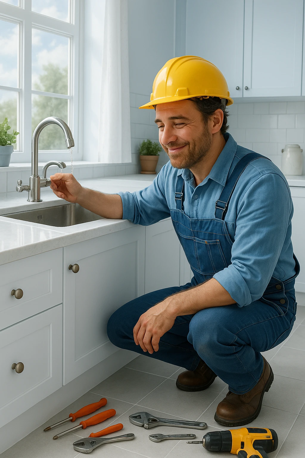 Vertical format, construction worker kneeling by sink, hands dirty, fixing leaky faucet, gentle smile. Version 2 with alternate composition or color scheme. emoji