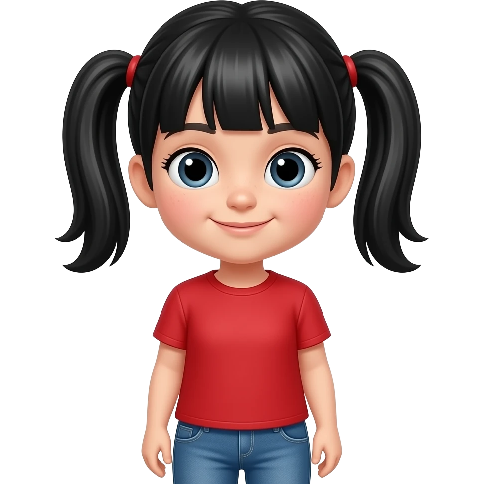 a 10yo girl black hair in pigtails and a red t shirt and jeans emoji