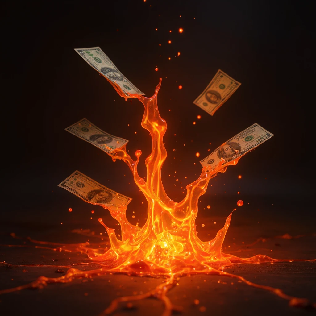 Transform the stacks of money into a scene where the money is flowing like lava, with a molten, liquid effect. The money should look real and photorealistic, with a vivid and dynamic lava effect. The background should be transparent with no background elements. emoji
