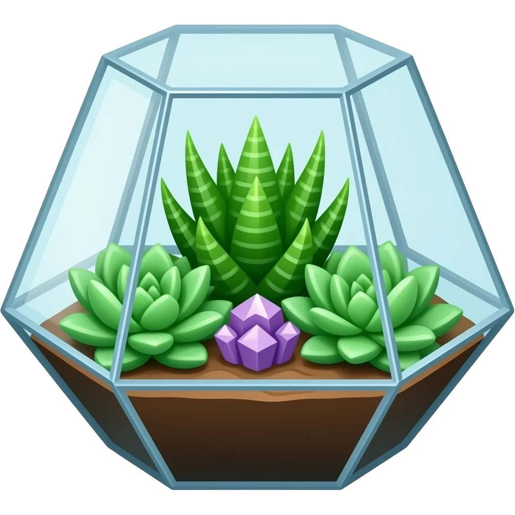 Mini succulents geometrical terrarium with small amethyst cluster inside emoji