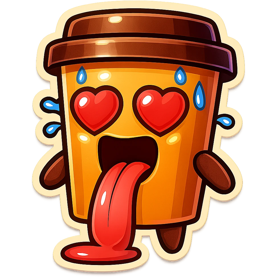 Tall coffee cup, sweating, mouth open, heart eyes, tongue on ground emoji