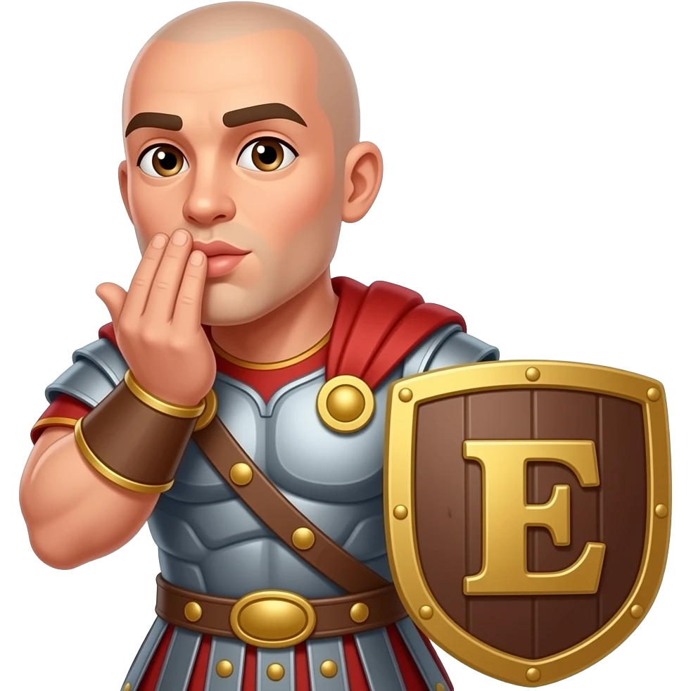 Muscular Roman soldier bald with brown eyes blowing a kiss with hand the Letter E on the shield emoji