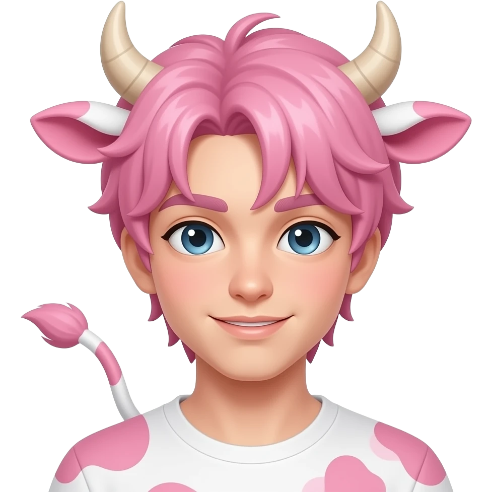 anime femboy with cotton-pink curvy bangs with cow horns and pink cow ears with pink cow tail with white eyelashes and blush over his cute face emoji