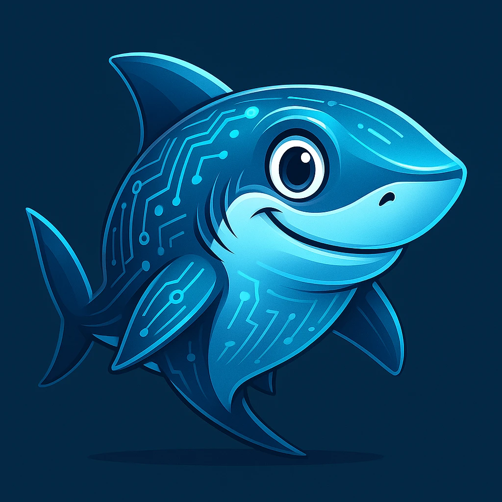 a data shark stylized as a tech mascot, with digital patterns and a friendly face, modern and approachable design emoji