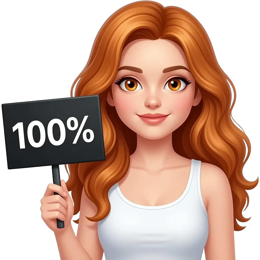sexy girl with long wavy ginger hair and ginger eyes wearing a white tanktop and is holding a black sign with 100% written on it emoji