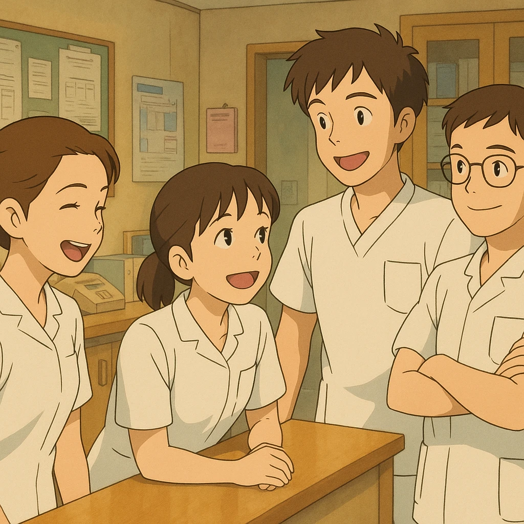 Ghibli scene with four nursing students gathered in a care station, all in white short-sleeve uniforms, medical tunics with V-neck and left chest pocket, no collar stand or stethoscopes, no fabric under sleeves, team spirit, warm care environment emoji