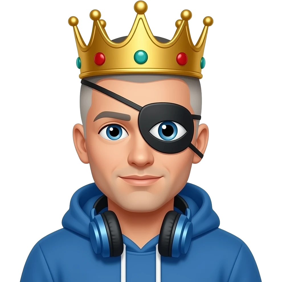 Make a man who has a blue hoodie with headphones on his neck have a crown with a black eyes cover black box and with a short white male black buzz cut and make him a white male Make the black covered box not attach to the head just on the head emoji