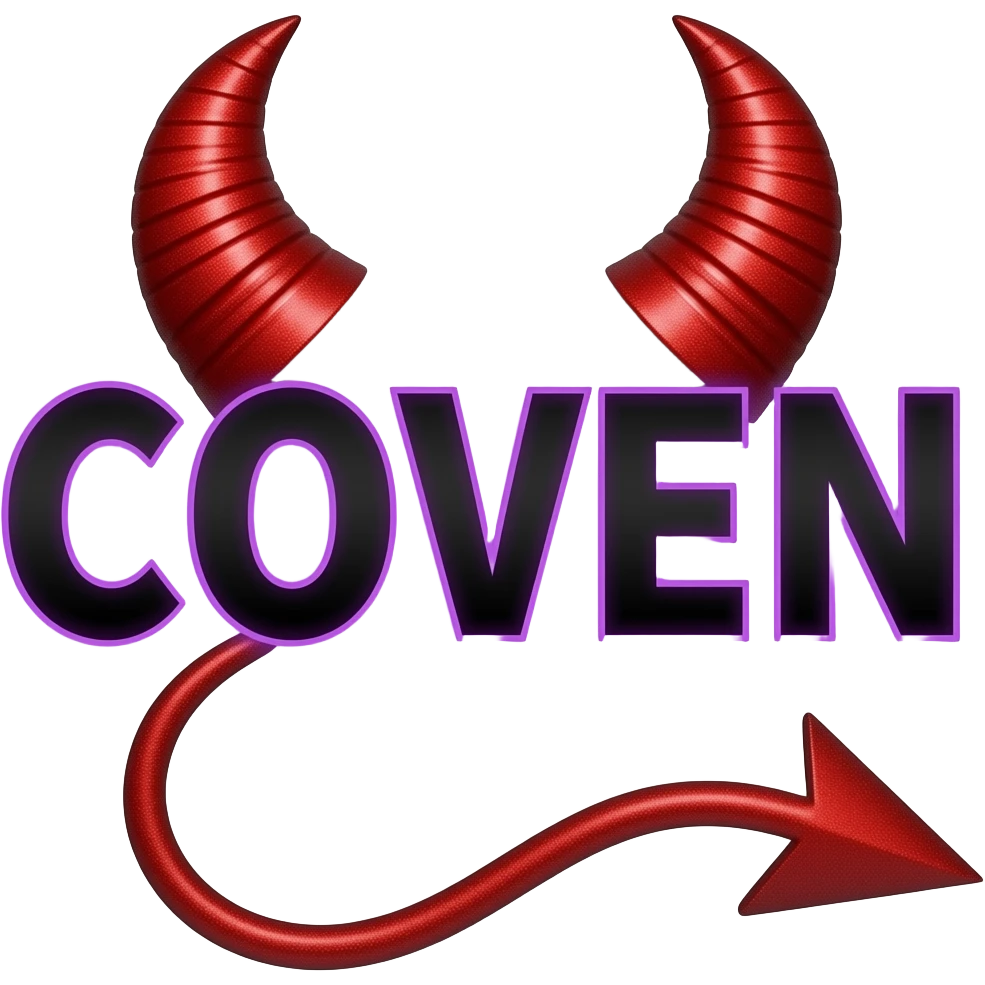 A spooky black text "COVEN" glowing violet. With big red sparkly party strore devil horn - and a devil  tail curving under it. emoji