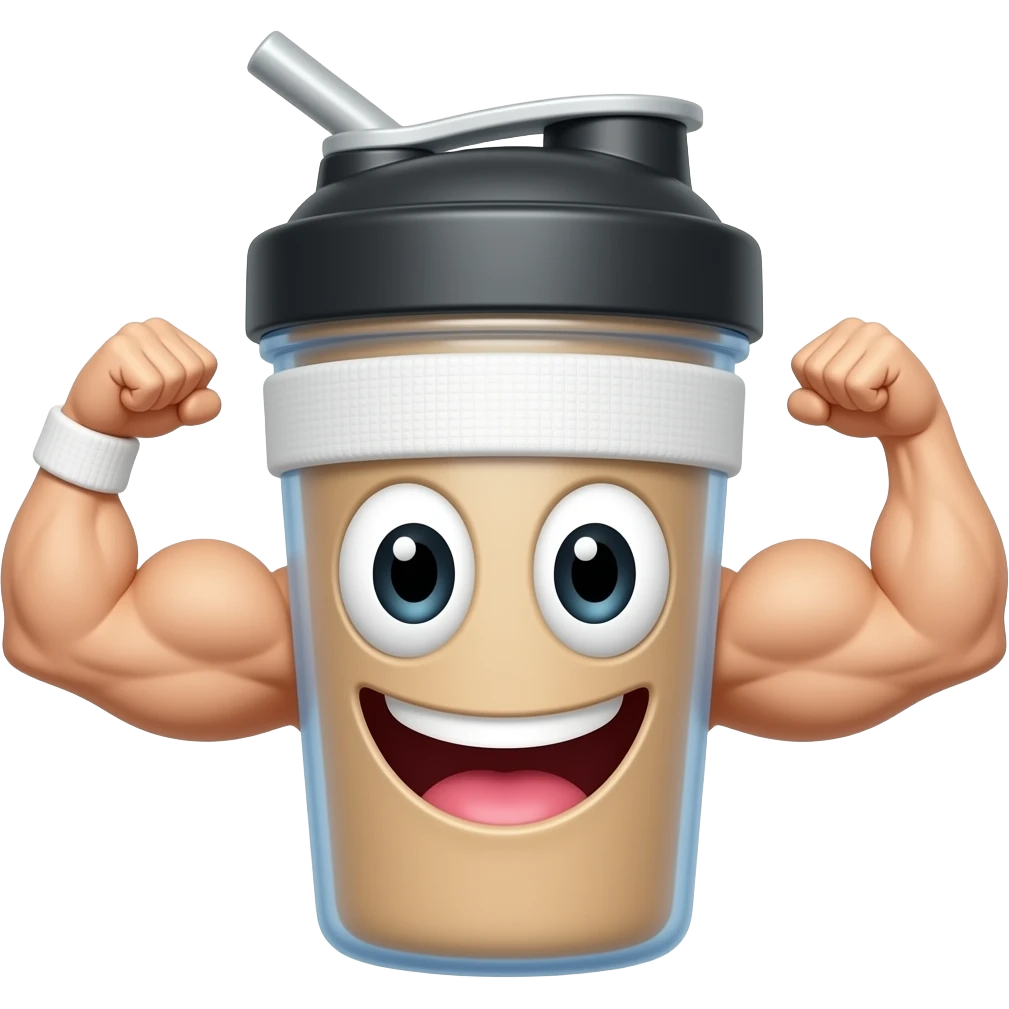 A funny cartoon-style protein shake with a face, big expressive eyes, and a wide goofy smile. 
The shake is in a gym shaker bottle, flexing muscular arms, wearing a sweatband, and looking proud. 
Bright, colorful, playful style, high detail, soft lighting, clean background. emoji