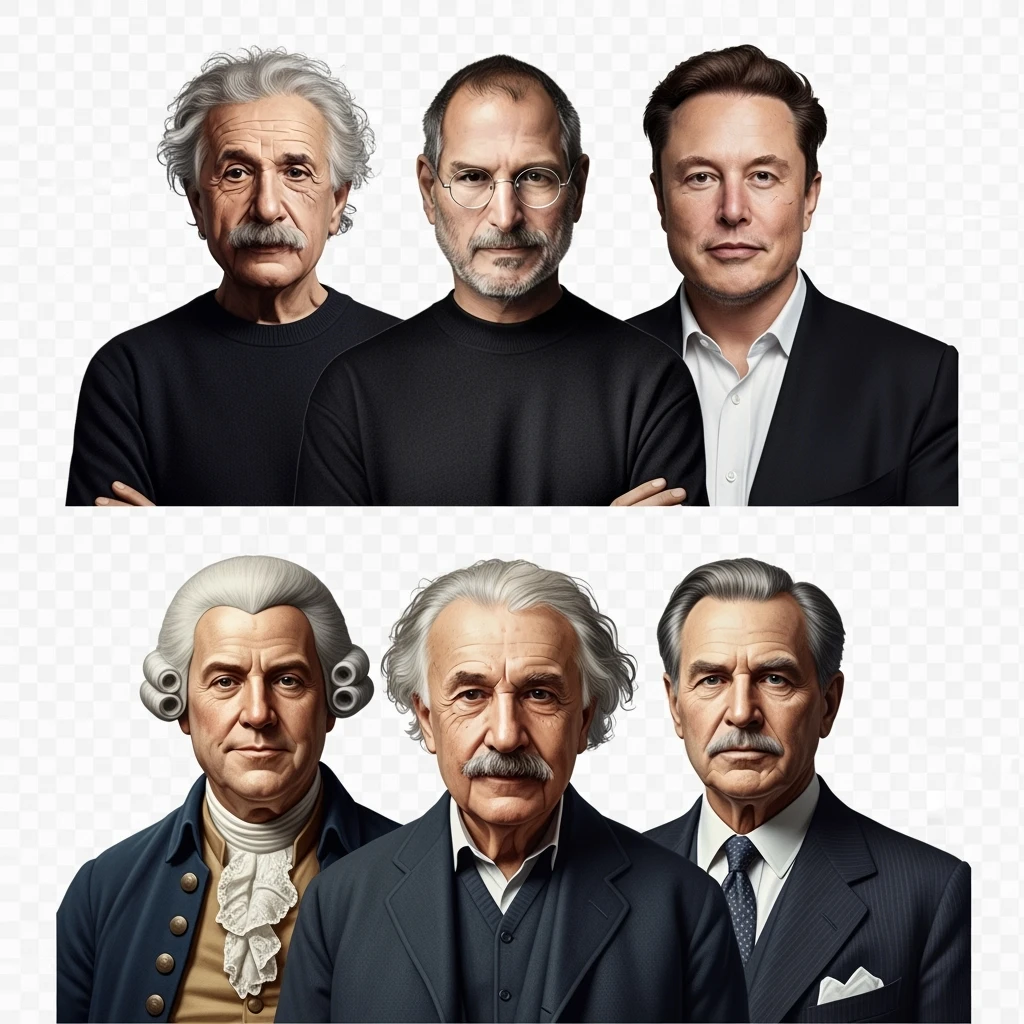 Generate in realistic style Franklin, Edison, Henry Ford in the first row, Einstein, Jobs and Musk in the second behind them. png on transparent background emoji