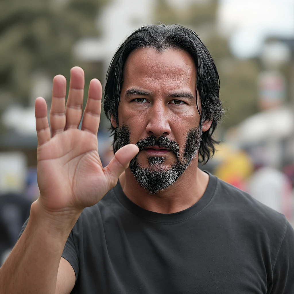 Keanu Reeves raising his hand up, realistic style, no text emoji
