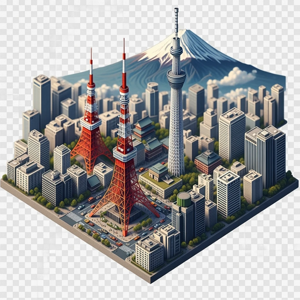 Isometric illustration of Tokyo, with photorealistic detailed miniature cityscape included Tokyo Tower, Skytree, Shibuya Crossing, Mount Fuji in background, balanced colors, subtle 3D miniature effect and Tilt Shift effect, no cartoonish look, transparent background. emoji