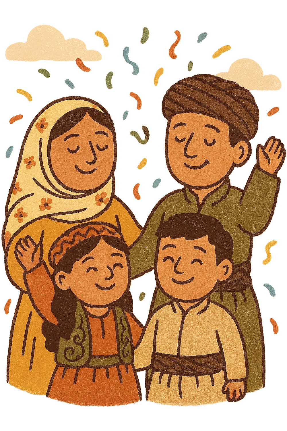 Kurdish sticker, celebration, cartoon style, Kurdish family together, traditional clothes, confetti, joyful, suitable for messaging apps emoji